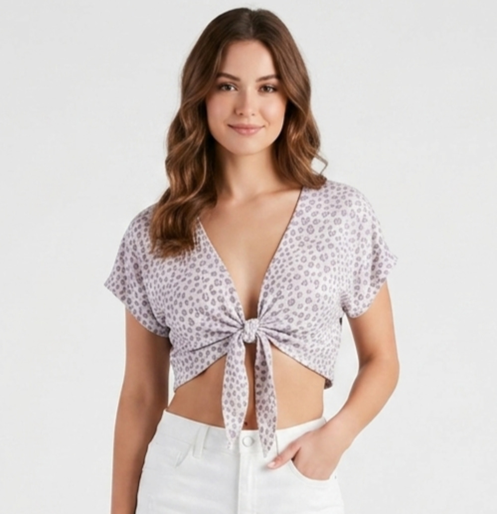 Halara Crop Top XL Purple Leopard V-Neck Tie Front Casual Summer Festival Blouse